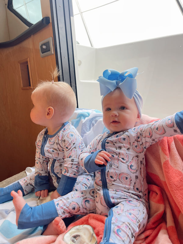 Blue Oysters Bamboo Sleeper pajamas for babies, shown at angle 12, featuring soft, breathable fabric in a charming design.