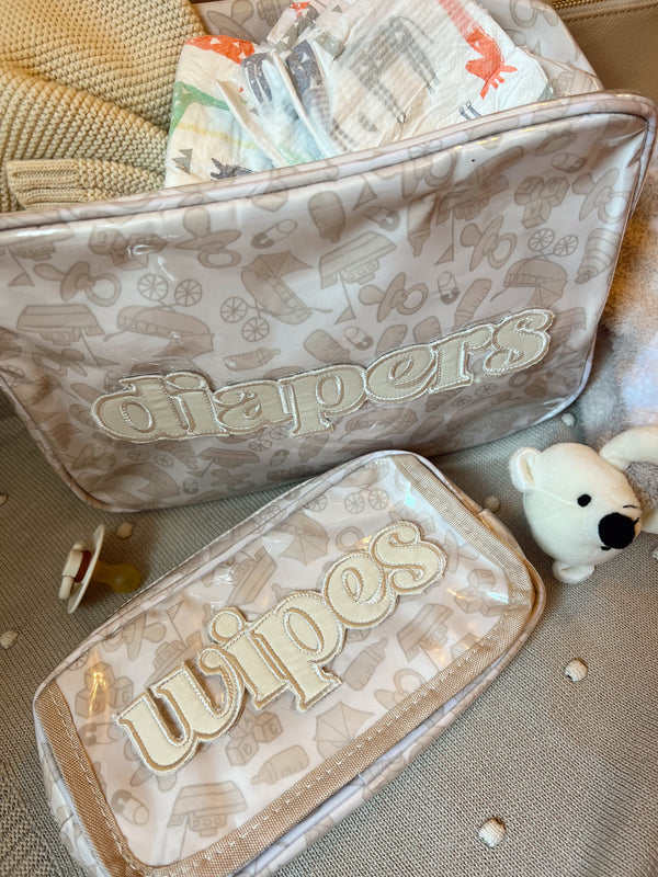 Clear coat wipes pouch travel bag at angle 19, perfect for on-the-go baby care.