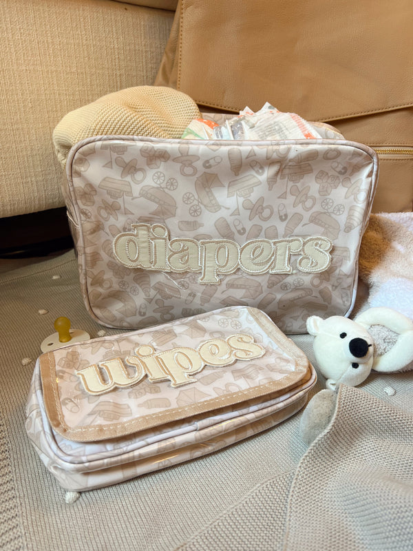 XL Diapers in a clear coat travel bag, showcasing convenience and portability for parents on the go.