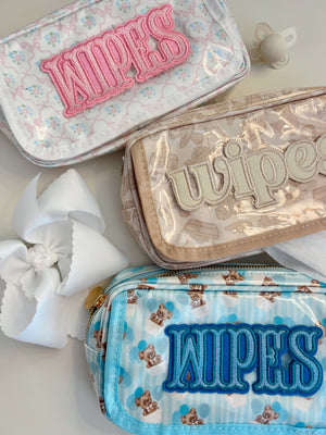 Clear coat wipes pouch travel bag, angled view showcasing its sleek design and functionality for parents on the go.