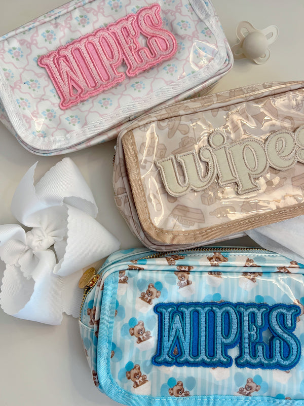 Clear coat wipes pouch travel bag, angled view showcasing its sleek design and functionality for parents on the go.