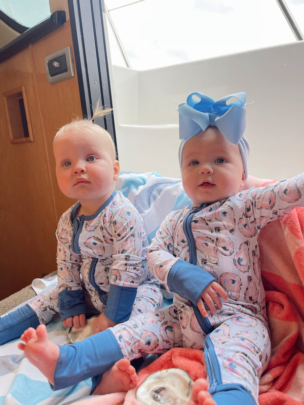 Blue Oysters Bamboo Sleeper pajamas for babies, shown from angle 6, featuring soft, breathable fabric in a charming design.