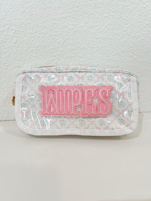 Clear coat wipes pouch travel bag at angle 18, perfect for on-the-go baby care essentials.