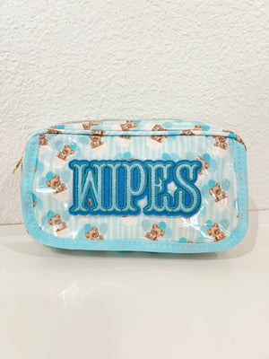 Clear coat wipes pouch travel bag, angled view showcasing its sleek design and functionality for parents on the go.