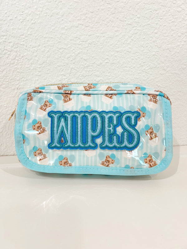 Clear coat wipes pouch travel bag, angled view showcasing its sleek design and functionality for parents on the go.