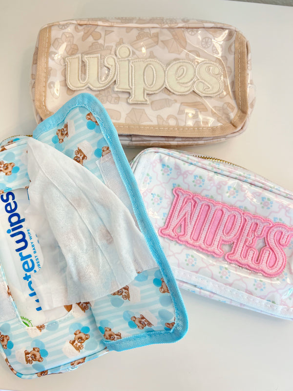 Clear coat wipes pouch travel bag, angled view, perfect for on-the-go baby care essentials.
