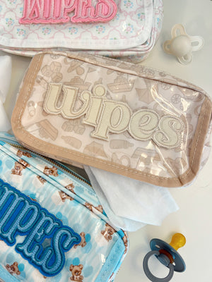 Clear coat wipes pouch travel bag, angled view showcasing sleek design and functionality for on-the-go parents.