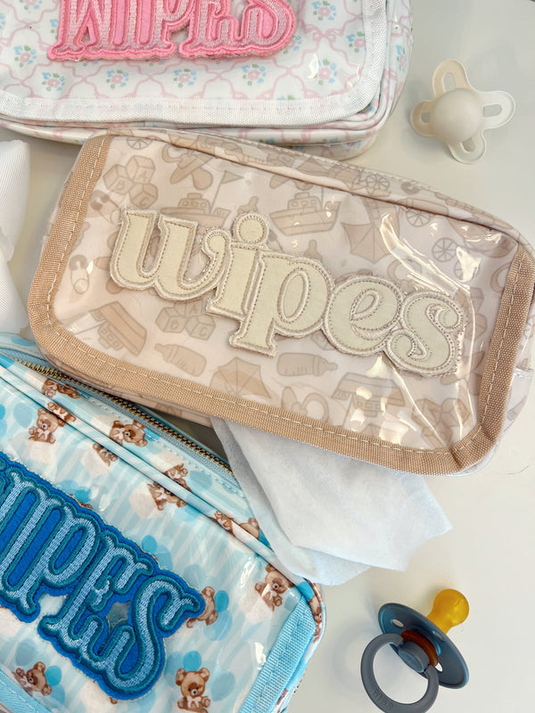 Clear coat wipes pouch travel bag, angled view showcasing sleek design and functionality for on-the-go parents.