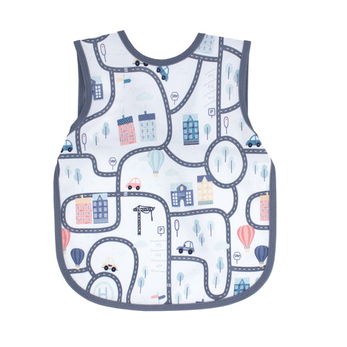 Tiny Town Bapron in angle 3 view, featuring colorful patterns for stylish and practical baby feeding.