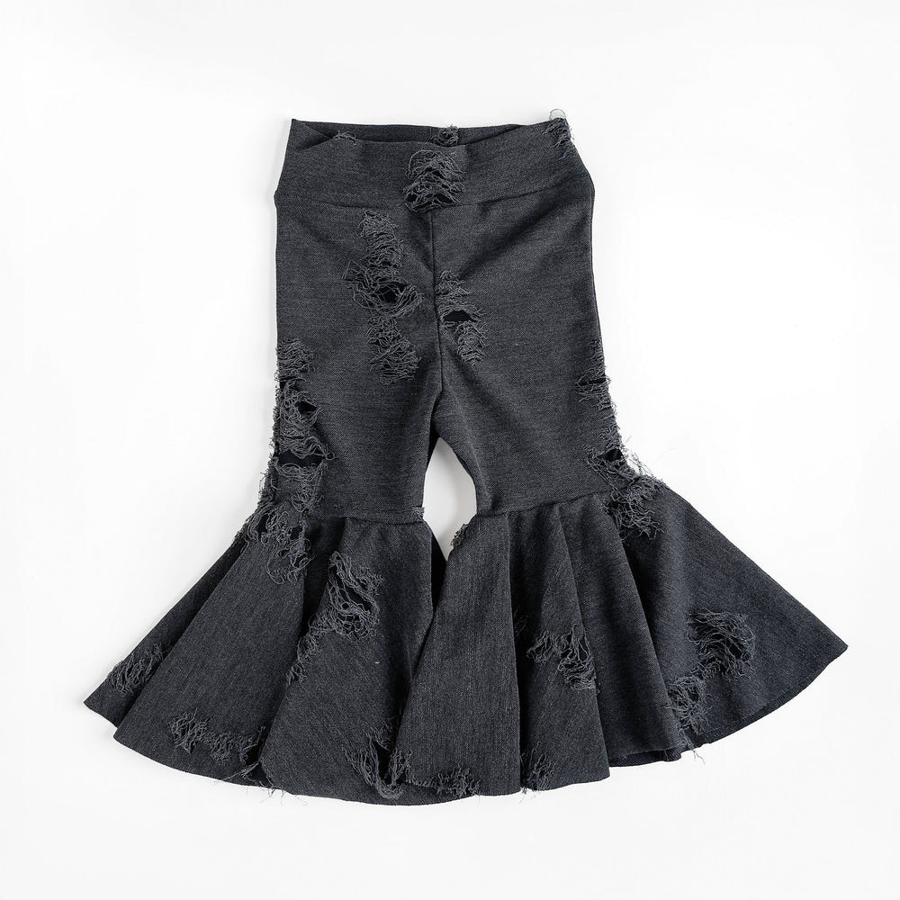 Distressed denim baby bell bottoms for stylish little ones, perfect for casual outfits and playtime.