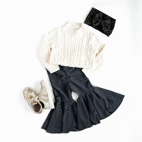 Distressed denim baby bell bottoms, stylish and comfy for little ones, showcased from angle 6.
