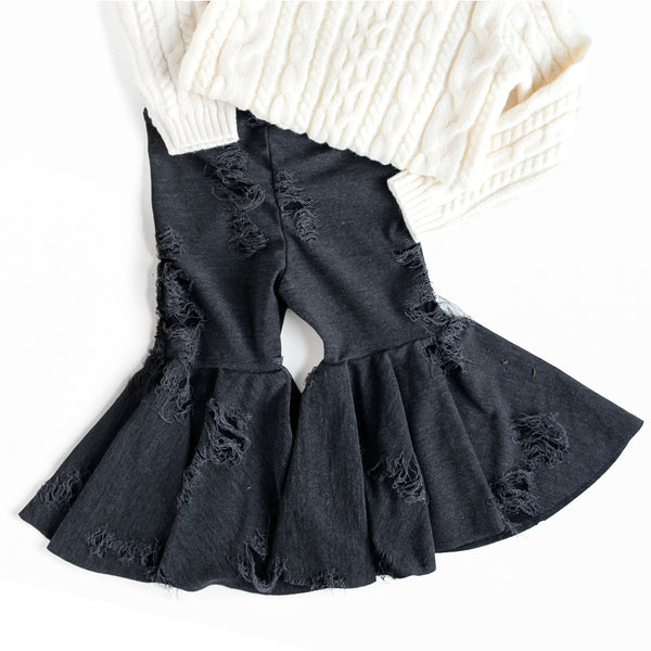 Distressed denim baby bell bottoms, stylish and comfy for little ones, shown at angle 8.