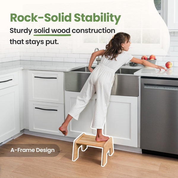 Multi-purpose 1-step wooden stool for kids, perfect for potty training and reaching high places. Angle 19 view.