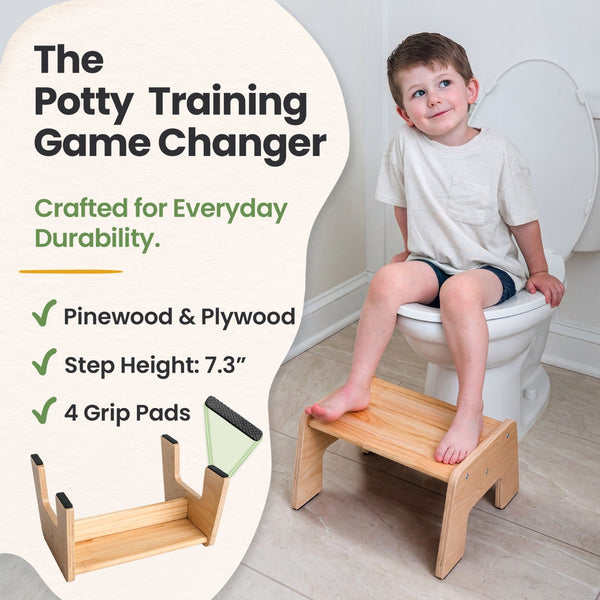 "1-Step Wooden Stool for Kids, perfect for potty training and reaching high places, shown at an 18-degree angle."