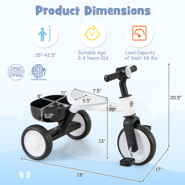 Toddler Convertible Trike with 86Â° Limited Steering Angle and Carbon Steel Frame