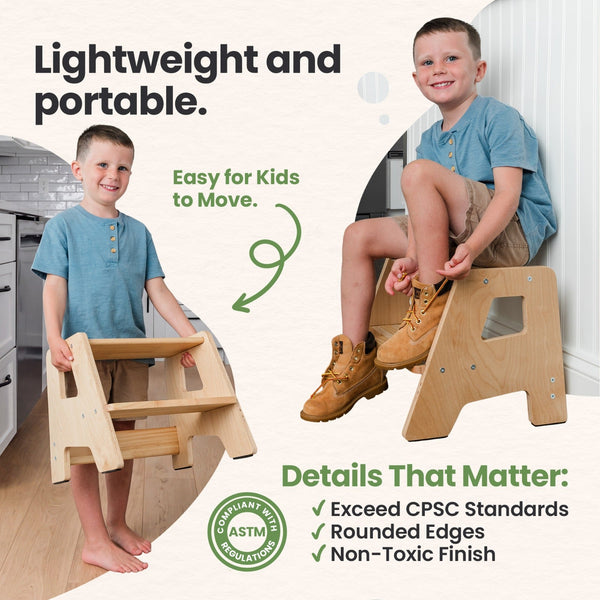 2-Step Wooden Stool for Toddlers Ages 2+