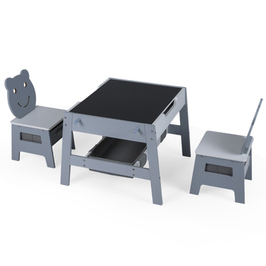 5-in-1 toddler table and chairs set with reversible chalkboard and whiteboard for art and feeding activities.