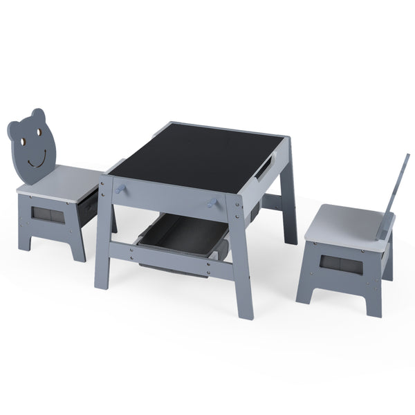 5-in-1 toddler table and chairs set with reversible chalkboard and whiteboard for art and feeding activities.