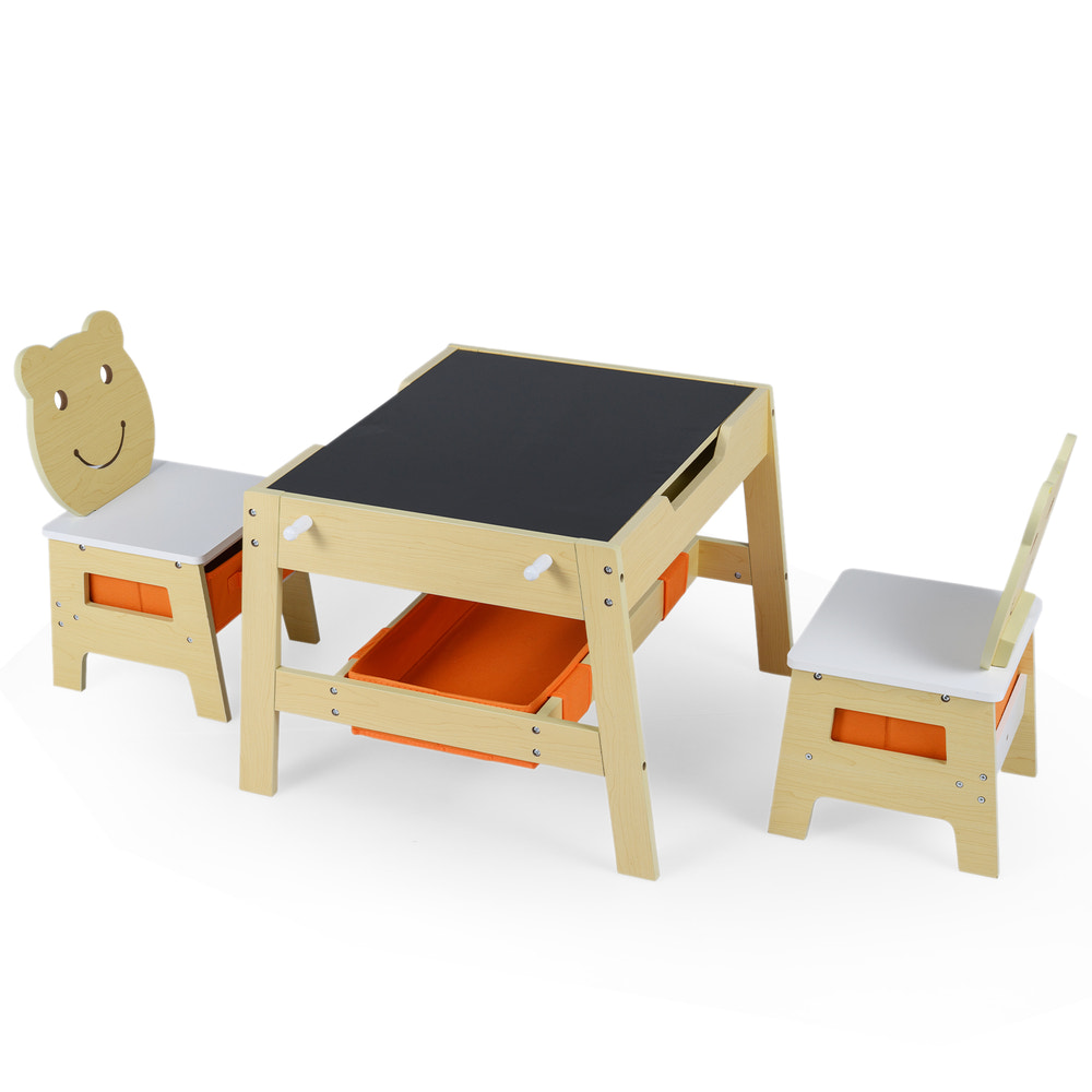 5-in-1 toddler table and chairs set with reversible chalkboard and whiteboard for art and feeding activities.