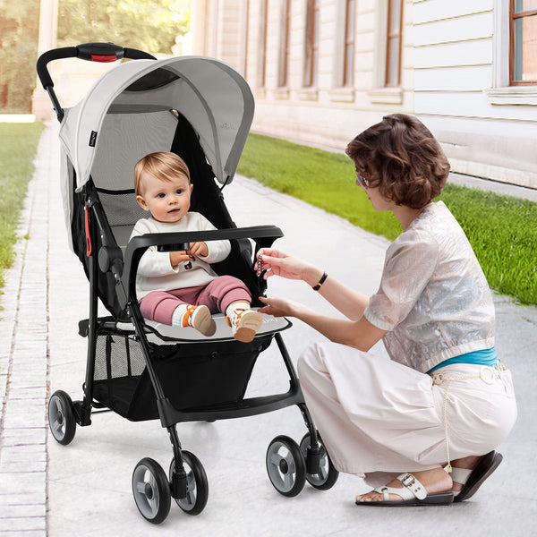 Toddler travel stroller for airplane with canopy, adjustable backrest, angled view, perfect for sleep and comfort on-the-go.