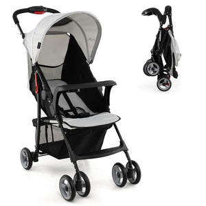 Toddler travel stroller for airplane with canopy and adjustable backrest, angled view showcasing design and functionality.