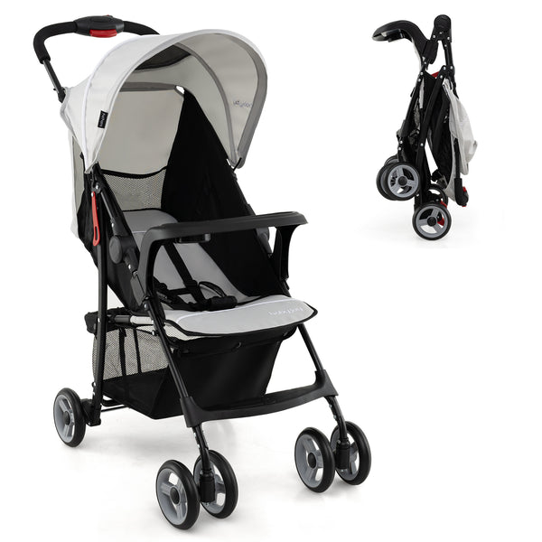Toddler travel stroller for airplane with canopy and adjustable backrest, angled view showcasing design and functionality.