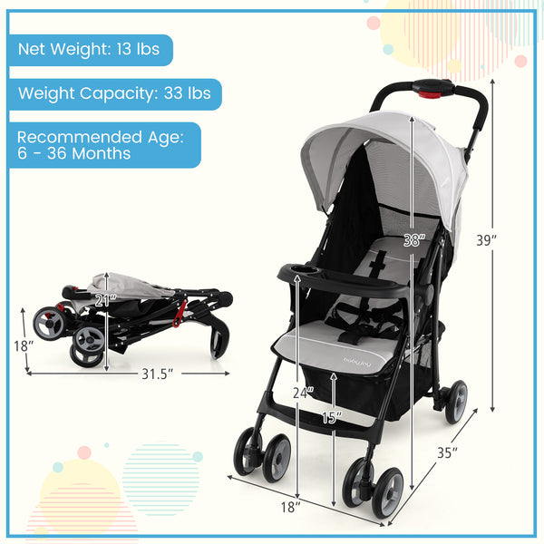 Toddler travel stroller with canopy and adjustable backrest, perfect for airplane trips. Angle 27 view.