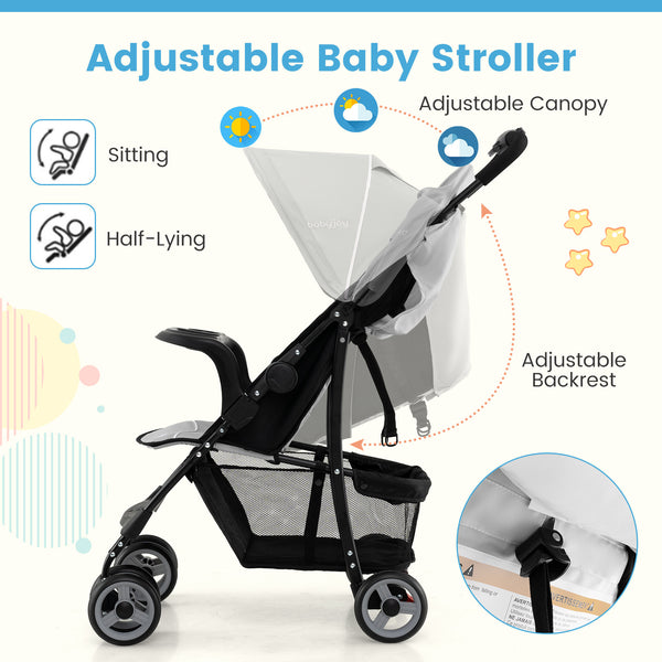 Toddler travel stroller for airplane with canopy, adjustable backrest, perfect for sleep and comfort on the go.