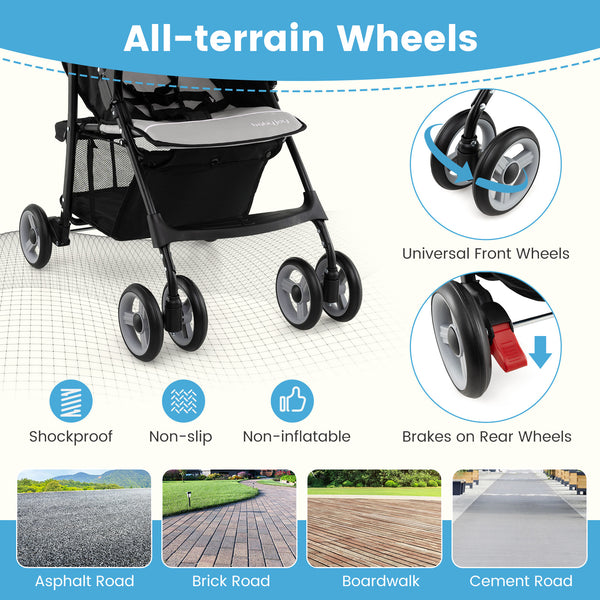 Toddler travel stroller with canopy and adjustable backrest, perfect for airplane trips. Angle view.