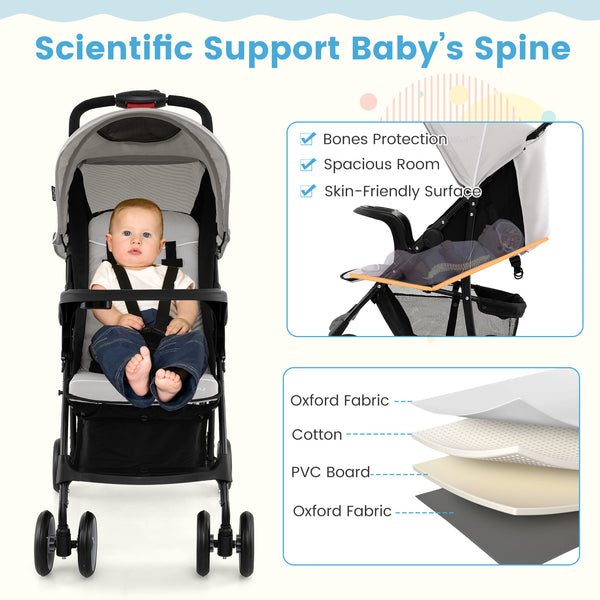 Toddler travel stroller for airplane with canopy, adjustable backrest, angled view, perfect for sleep and comfort.