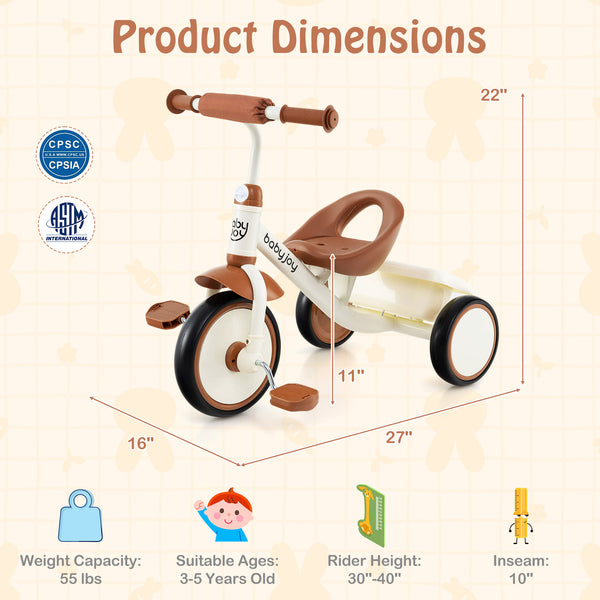 Toddler Tricycle Kids Trike with Adjustable Seat and Basket Aged 3-5 Years Old