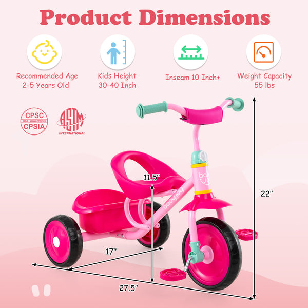Toddler Tricycle for Boys and Girls 2-5 Years Old  with Removable Rear Storage Basket