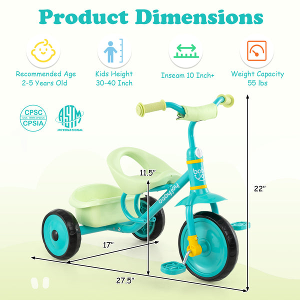 Toddler Tricycle for Boys and Girls 2-5 Years Old  with Removable Rear Storage Basket