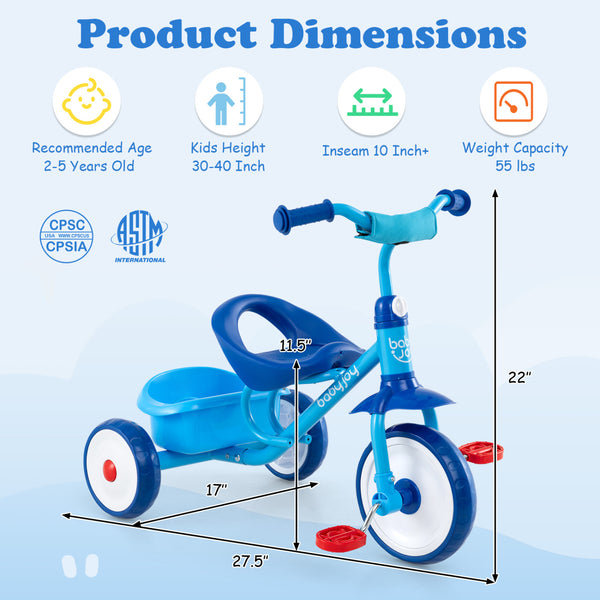 Toddler Tricycle for Boys and Girls 2-5 Years Old  with Removable Rear Storage Basket