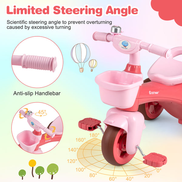 Toddler Tricycle with Limited Steering with Front Baskets and Bell for Toddlers