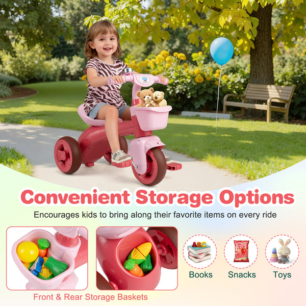 Toddler Tricycle with Limited Steering with Front Baskets and Bell for Toddlers