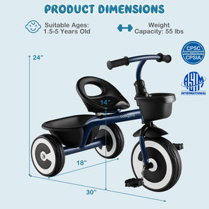 Toddler Tricycle with Adjustable Seat and Storage Baskets for 1.5-5 Years Old