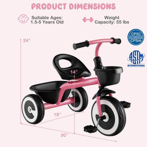 Toddler Tricycle with Adjustable Seat and Storage Baskets for 1.5-5 Years Old