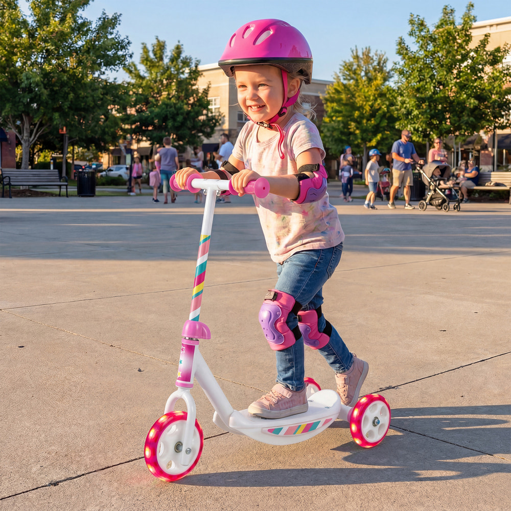 Toddlers Kick Scooter with LED Light-Up Wheels and Wide Anti-Slip Deck for Boys and Girls-Pink