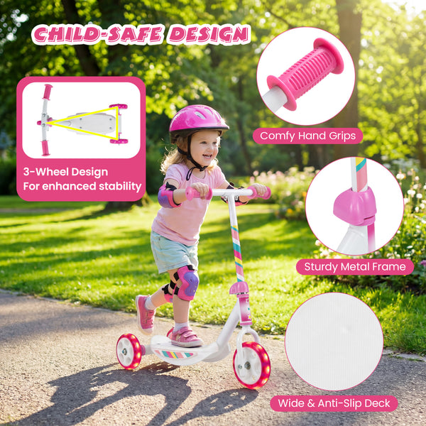 Toddlers Kick Scooter with LED Light-Up Wheels and Wide Anti-Slip Deck for Boys and Girls-Pink