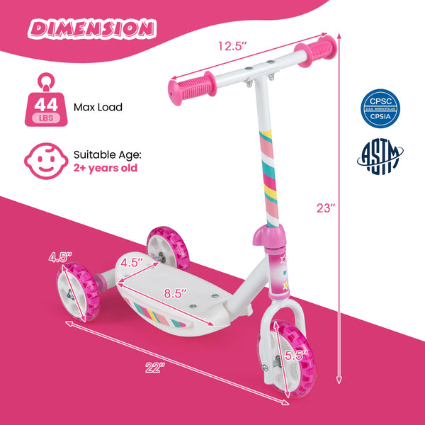 Toddlers Kick Scooter with LED Light-Up Wheels and Wide Anti-Slip Deck for Boys and Girls-Pink