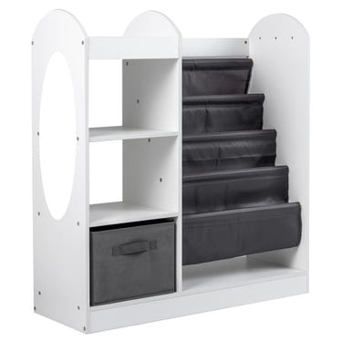 White 4-tier sling shelf toy storage organizer for kids' rooms.