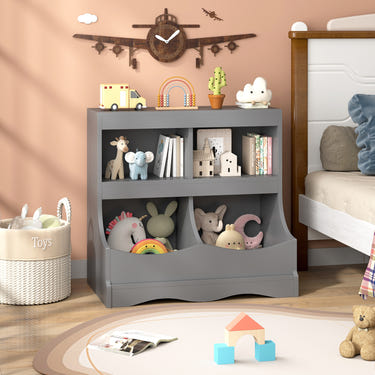 4-Cubby Kids Bookcase Toy Storage Organizer for books and toys, perfect for a tidy nursery or playroom.
