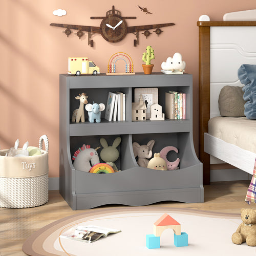 4-Cubby Kids Bookcase Toy Storage Organizer for books and toys, perfect for a tidy nursery or playroom.