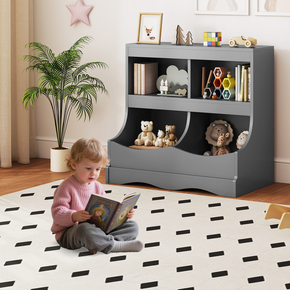 4-Cubby Kids Bookcase Toy Storage Organizer for books and toys, perfect for a tidy nursery or playroom.