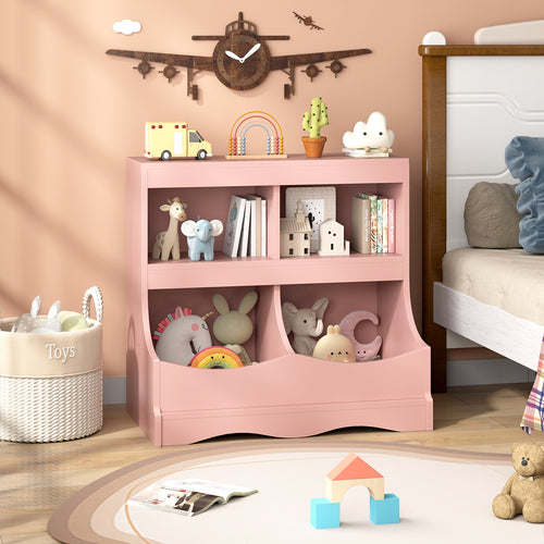 Toy Storage Organizer 4-Cubby Kids Bookcase for toys and books, perfect for tidy playrooms and nurseries.