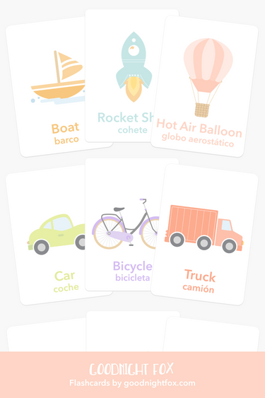 Colorful transportation flashcards for babies, featuring vehicles and fun illustrations for early learning and play.