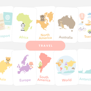 Travel & Continents Flashcards for babies, enhancing learning with colorful visuals of global landmarks and cultures.