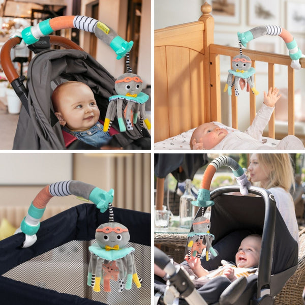 Dingle Dangle Baby Travel Mobile in a playful design, perfect gift for on-the-go infants. Angle 3 view.
