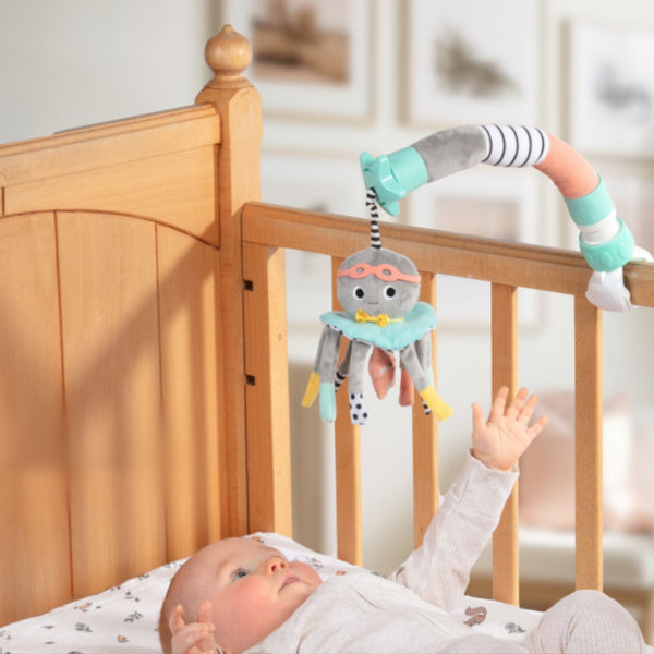 Dingle Dangle Baby Travel Mobile in vibrant colors, perfect gift for soothing babies on the go.